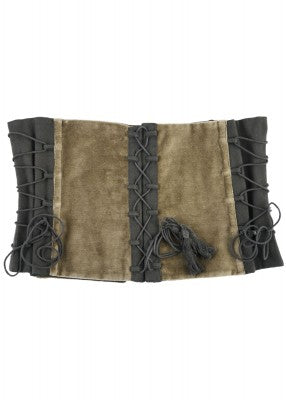 Corsage Anik vert et noir en velours de coton présenté à plat, avec laçages ajustables pour GN ou LARP
