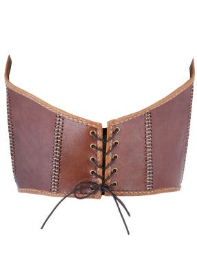 Corsage sous-poitrine en cuir renforcé brun, vue de dos, avec laçage arrière et œillets métalliques