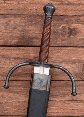 Épée à deux mains à quillons recourbés vers la lame – SK-C, acier, cuir brun, détail garde quillons recourbés combat scénique
