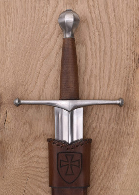 Épée d'armes allemande à pommeau en poire facetté- SK-C, acier gris, cuir brun, vue avant et profil, GN LARP combat scénique