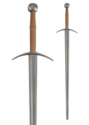 Épée bâtarde à pommeau en boule, acier gris et cuir brun, gros plan garde et pommeau, combat scénique, escrime artistique