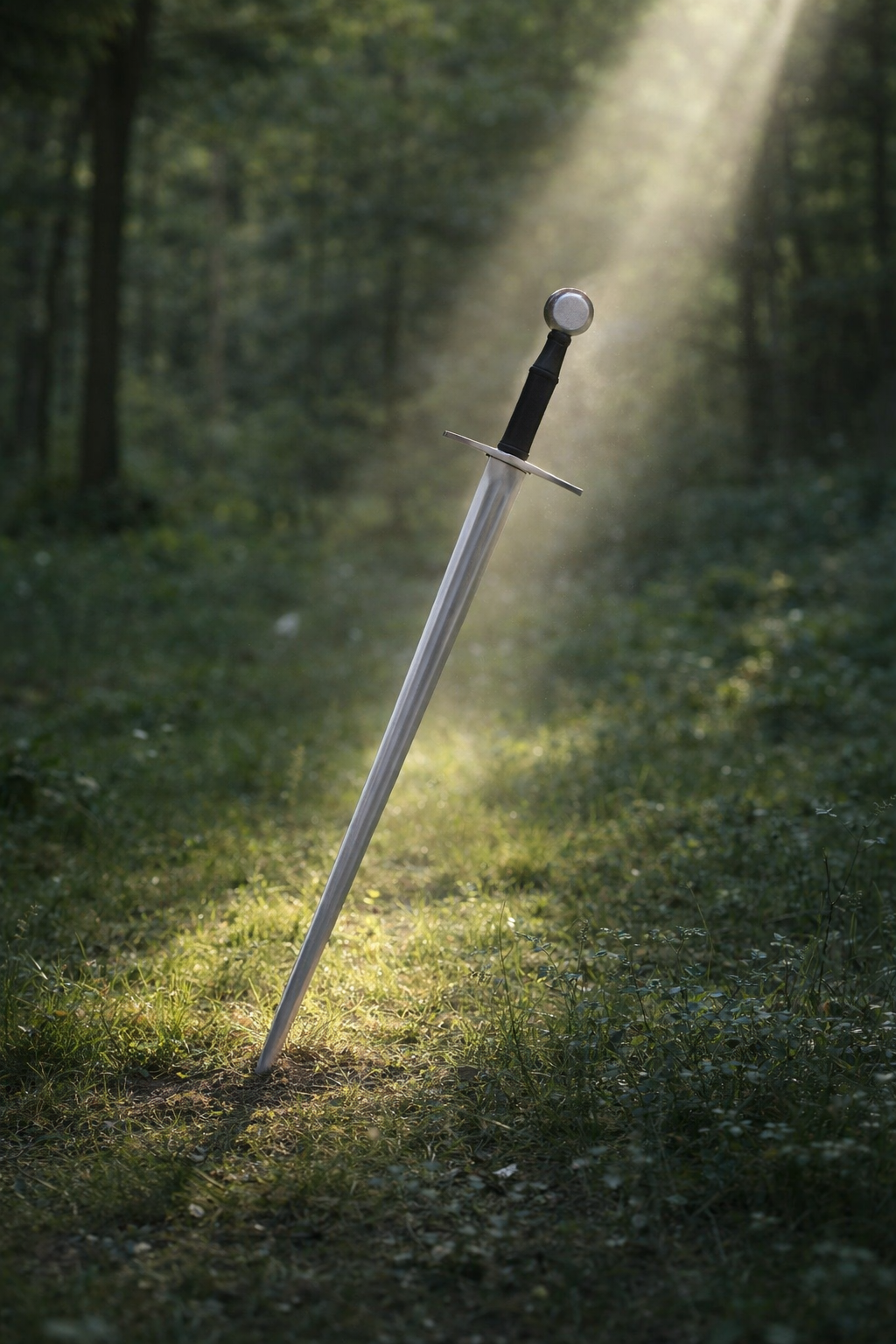 Épée bâtarde à pommeau en lune en acier gris, détail garde et poignée noire, vue studio, combat scénique, reconstitution