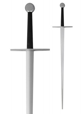 Épée bâtarde à pommeau en disque, acier gris, poignée noire, vue de face, médiévale reconstitution, combat scénique, GN, LARP