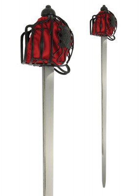 Épée à dos renforcé écossaise à garde panier, acier carbone 1065 noir, détail garde panier doublure rouge, combat scénique