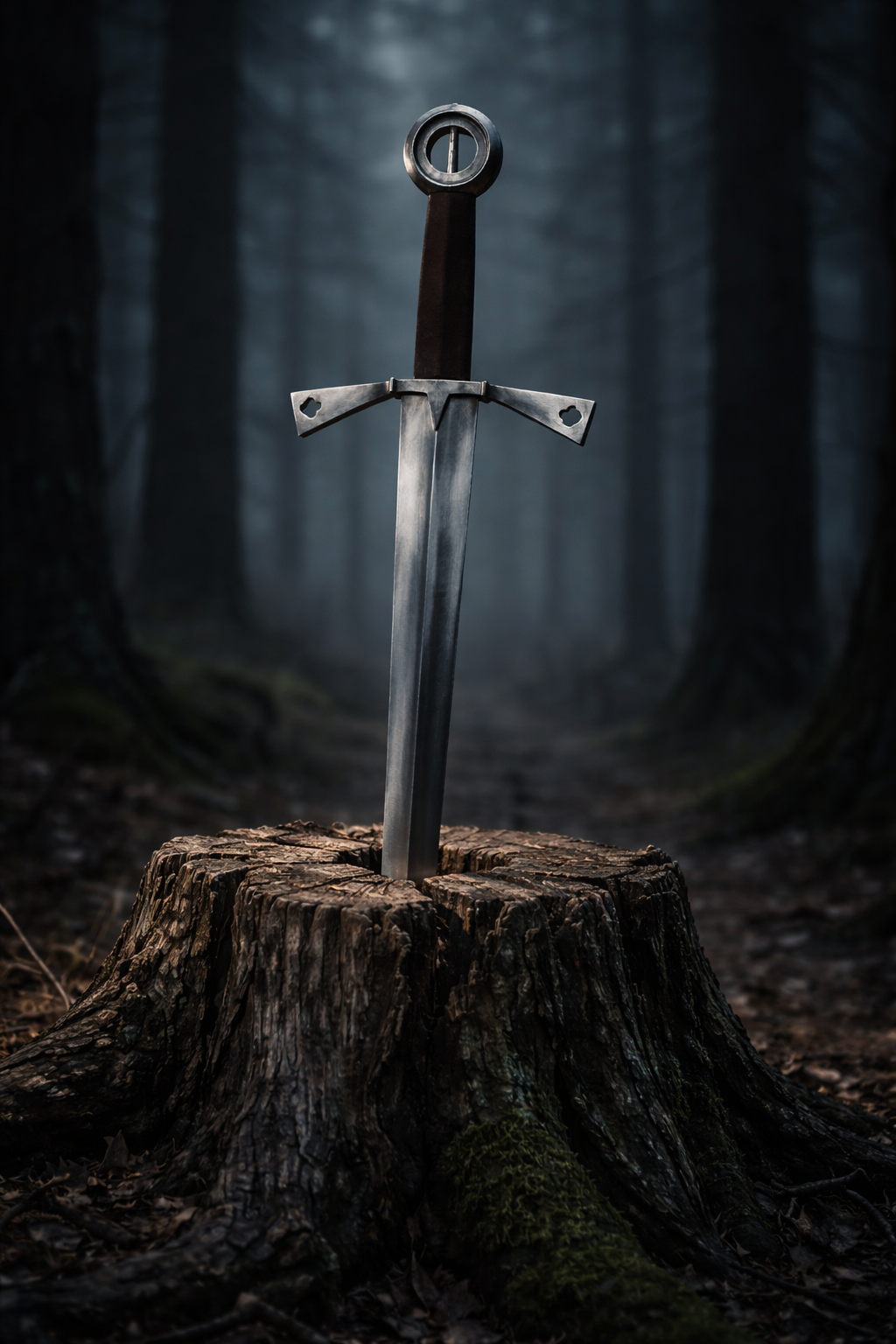 Épée irlandaise à pommeau annulaire, acier gris, cuir brun, vue studio avant et profil, combat scénique reconstitution GN