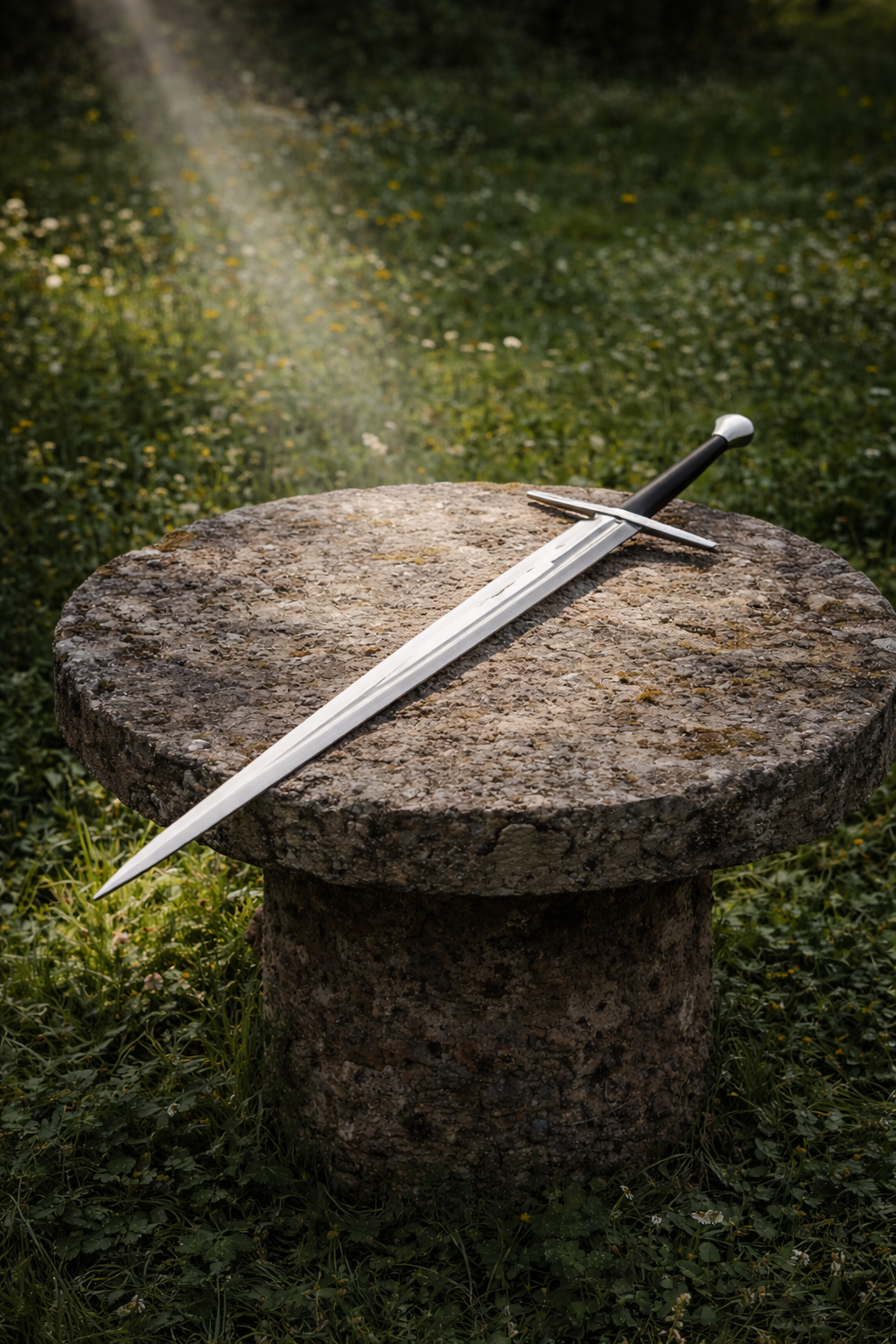 Épée longue à pommeau spatulé, acier gris et noir, portée sur table en pierre, reconstitution, combat scénique, GN, LARP