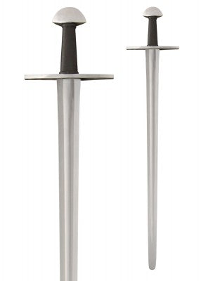 Épée normande à pommeau en demi-lune, acier gris noir, gros plan garde et pommeau, sur fond blanc, reconstitution, GN, LARP