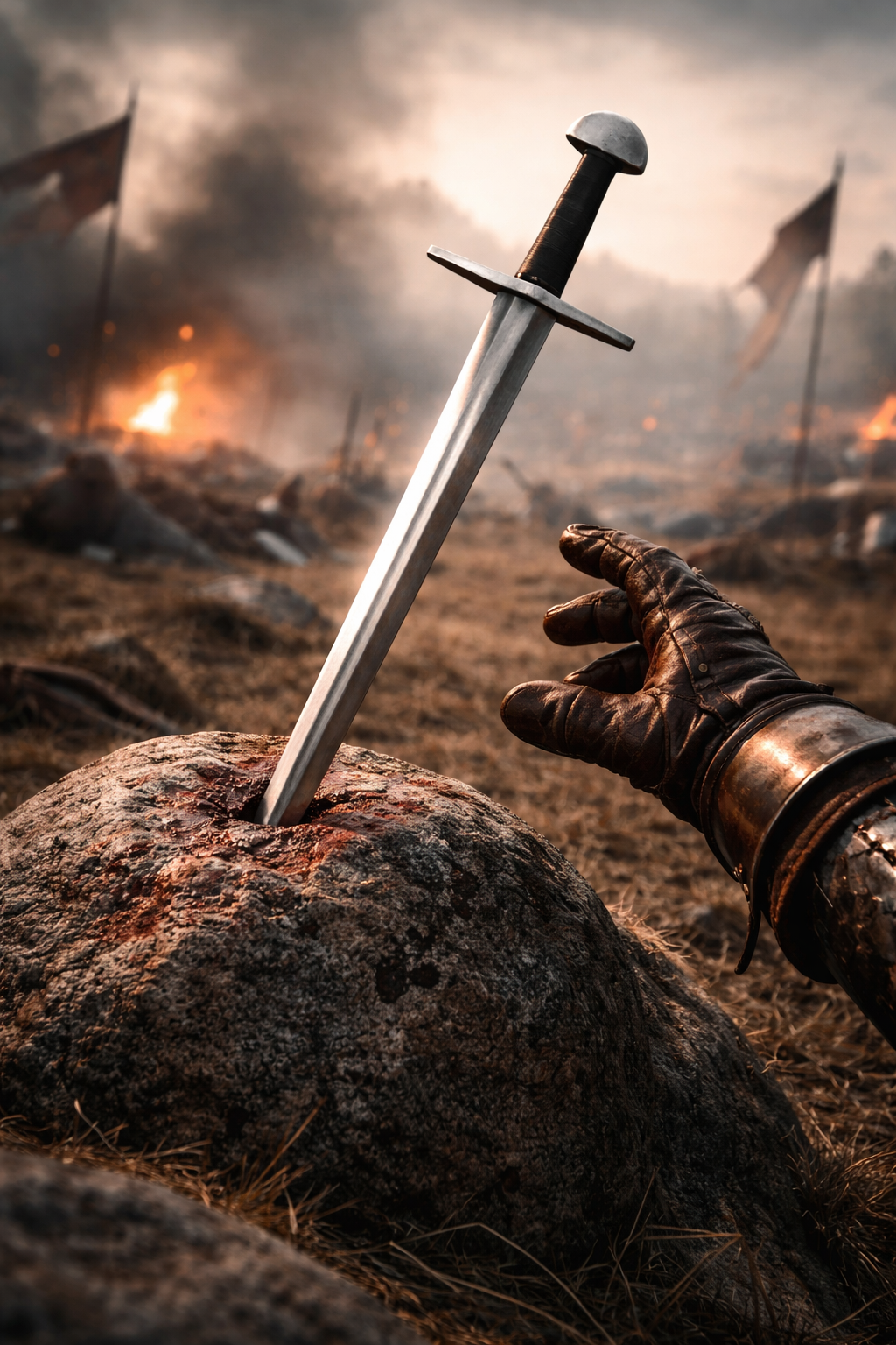 Épée normande à pommeau en demi-lune, acier gris noir, lame plantée dans un rocher, reconstitution, combat scénique, GN, LARP