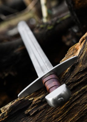 Épée normande à pommeau en demi-lune – SK-C, acier gris, cuir brun, pommeau demi-lune et poignée, reconstitution GN LARP