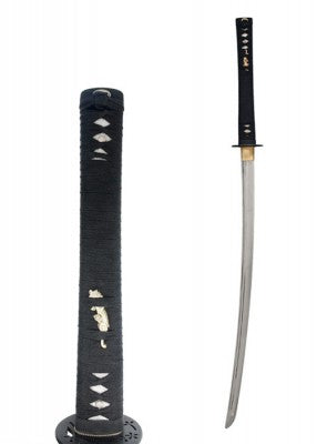 Katana John Lee Ikusa – SK-A, acier gris et noir, vue fond blanc avec saya noir, lame courbe en profil, combat scénique, GN