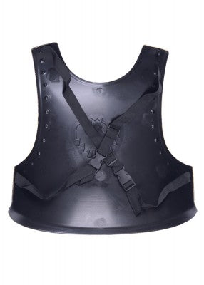 Plastron de chevalier pour enfant en plastique noir, vue de dos avec deux sangles réglables pour déguisement, GN ou LARP enfant