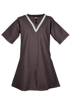 Tunique Ailrik en coton marron, présentée de face sur fond clair avec bordure décorative, pour reconstitution historique, GN ou LARP