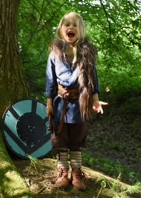 Tunique Arn pour enfant en coton bleu, portée en extérieur avec fourrure et bouclier pour reconstitution, GN ou LARP enfant