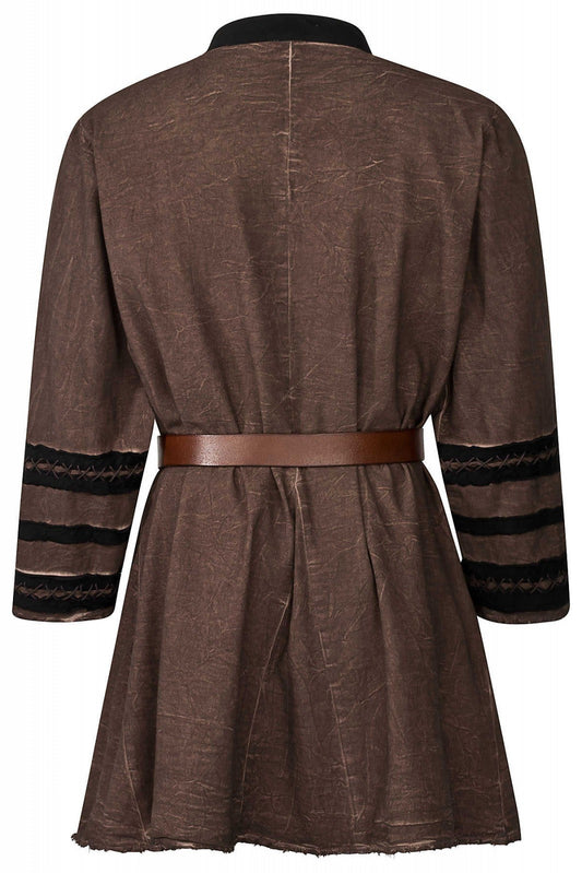 Tunique Halfdan médiévale – 2 coloris, coton brun, vue de dos ceinturée, manches ornées contrastées, reconstitution GN LARP