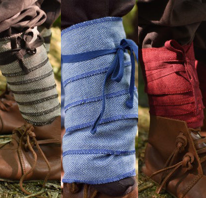 Bandes mollets viking pour enfant en coton, aperçu des 3 coloris brun-naturel, bleu-naturel et rouge-bordeaux pour GN et LARP