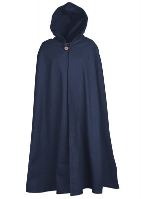 Cape Paul pour enfant en coton bleu, présentée de face avec capuche et fermeture par bouton pour reconstitution, GN ou LARP enfant