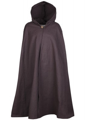 Cape Paul pour enfant en coton brun, présentée de face avec capuche et fermeture par bouton pour reconstitution, GN ou LARP enfant