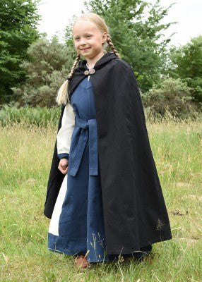 Cape Paul pour enfant en coton noir, portée de face en extérieur avec capuche pour reconstitution historique, GN ou LARP enfant