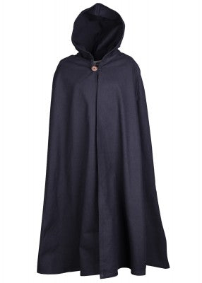 Cape Paul pour enfant en coton noir, présentée de face avec capuche et fermeture par bouton pour reconstitution, GN ou LARP enfant