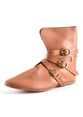 Chaussure viking Haithabu marron vue de profil, en cuir avec laçage latéral, pour reconstitution, GN ou LARP