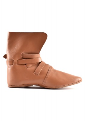 Chaussure viking Haithabu marron vue de profil opposé, en cuir avec laçage latéral, pour reconstitution, GN ou LARP