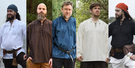 Chemise Ludwig en 5 coloris : blanc, brun, bleu, naturel et noir, portée de face pour reconstitution, GN ou LARP