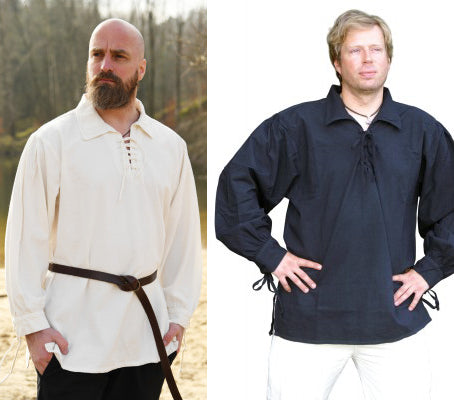 Chemise médiévale en coton disponible en naturel et noir, à coupe ample et encolure lacée pour reconstitution, GN ou LARP