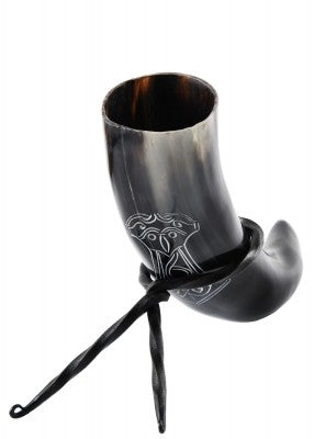 Corne à boire viking avec support Mjölnir – marteau de Thor, corne noire, tenue en main, gravure Mjölnir, GN LARP, extérieur
