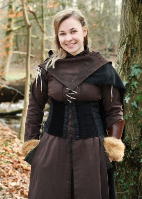 Corsage Anik noir en velours de coton, porté de face avec laçage avant pour reconstitution, GN ou LARP