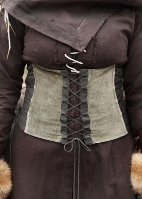 Corsage Anik vert en velours de coton, vue de face avec laçage avant pour tenue de reconstitution, GN ou LARP