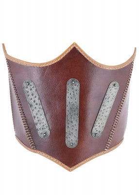 Corsage sous-poitrine en cuir renforcé brun, vue de face, avec plaques métalliques rivetées