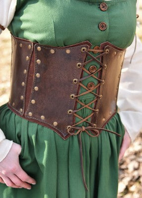 Corsage sous-poitrine en cuir brun doublé suède, avec laçage avant, pour reconstitution GN