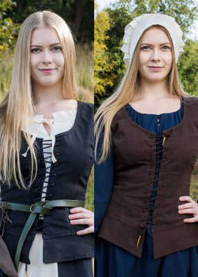 Corsage Tilda en coton présenté en noir et brun, avec laçage avant pour tenue de reconstitution, GN ou LARP