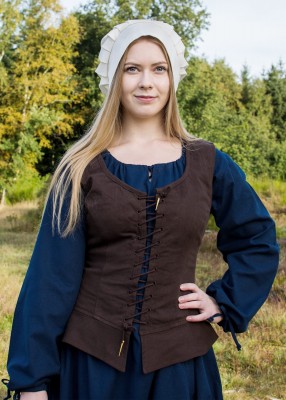 Corsage Tilda brun en coton, vue de face, avec laçage avant ajustable pour tenue de reconstitution, GN ou LARP