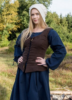 Corsage Tilda brun en coton porté de trois-quarts, avec coupe ajustée pour reconstitution, GN ou LARP