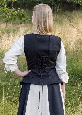 Dos du corsage Tilda noir en coton, avec laçage partiel ajustable pour tenue de reconstitution, GN ou LARP