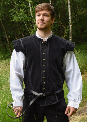 Doublet Victor noir en velours de coton porté de face, avec boutons métalliques et coupe ajustée pour reconstitution, GN ou LARP