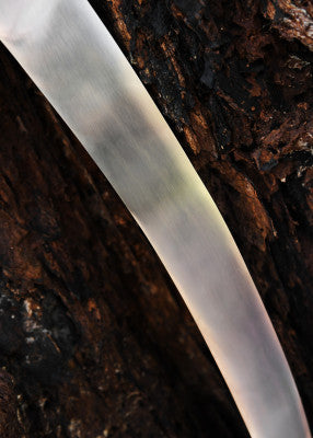 Dussack à poignée en arceau, acier gris et cuir brun, gros plan lame courbe sur écorce, combat scénique, GN, LARP, médiéval