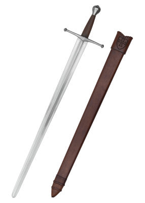 Épée d'armes allemande à pommeau en poire facetté- SK-C, acier gris, bois brun, détail garde fourreau, reconstitution GN LARP