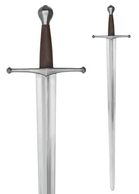 Épée d'armes allemande à pommeau en poire facetté- SK-C, acier gris, bois brun, studio vue épée fourreau, GN LARP médiéval