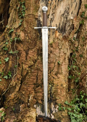 Épée d’armes à pommeau en roue – lame grise longue et garde droite – vue verticale contre grand tronc d’arbre lierre en forêt