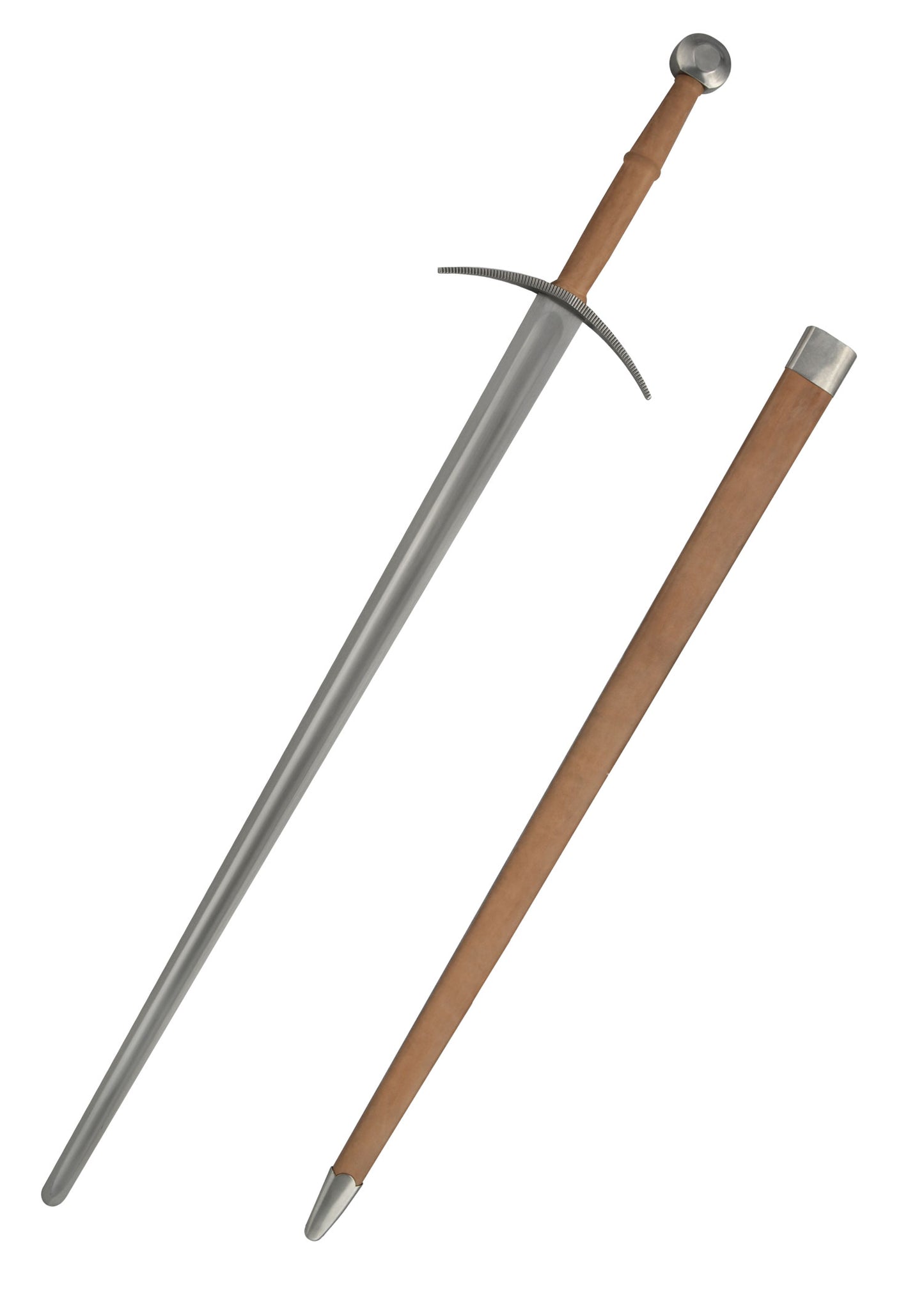 Épée bâtarde à pommeau en boule, acier gris et cuir brun, vue complète avec fourreau, reconstitution médiévale, GN et LARP