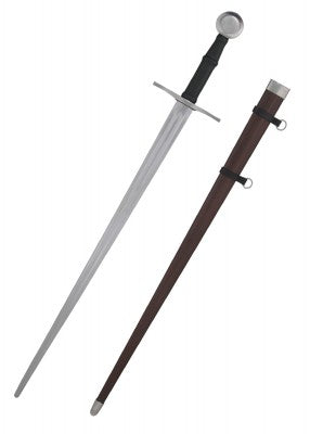 Épée bâtarde à pommeau en lune en acier gris, poignée noire, plantée en forêt, reconstitution, GN, LARP, combat scénique