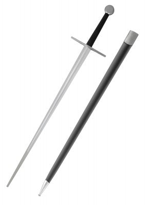 Épée bâtarde à pommeau en disque, acier gris et noir, vue large avec fourreau noir, combat scénique, reconstitution, GN, LARP