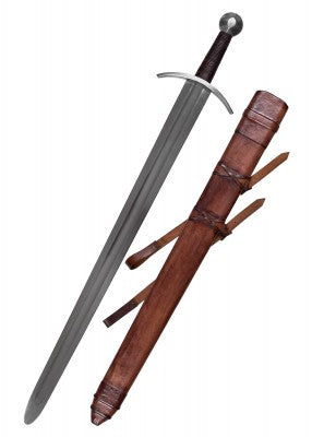 Épée de croisé à pommeau en boule, acier gris et cuir brun, vue épée et fourreau fond blanc, combat scénique reconstitution