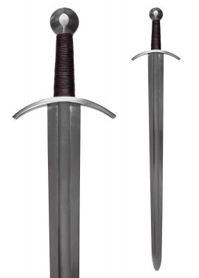 Épée de croisé à pommeau en boule, acier gris et cuir brun, vue épée lame à gouttière fond blanc, reconstitution GN LARP