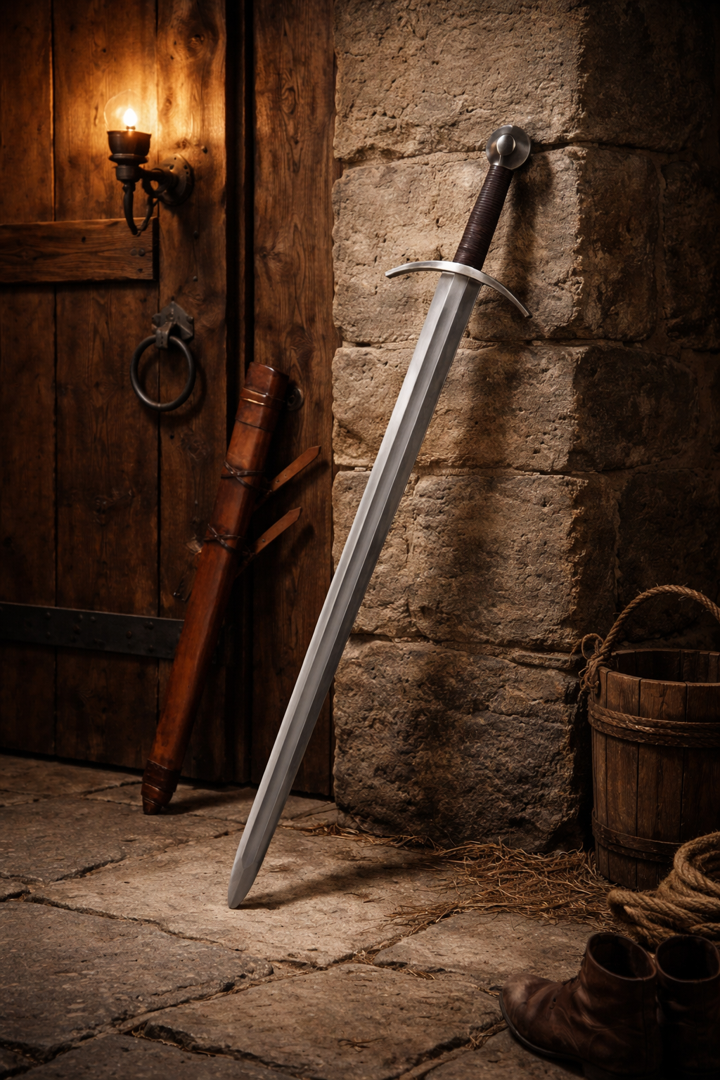 Épée de croisé à pommeau en boule, acier gris et cuir brun, vue en décor pierre et porte bois, combat scénique reconstitution