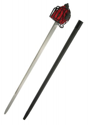 Épée à dos renforcé écossaise à garde panier, acier carbone 1065 noir, vue complète avec fourreau noir mat, reconstitution