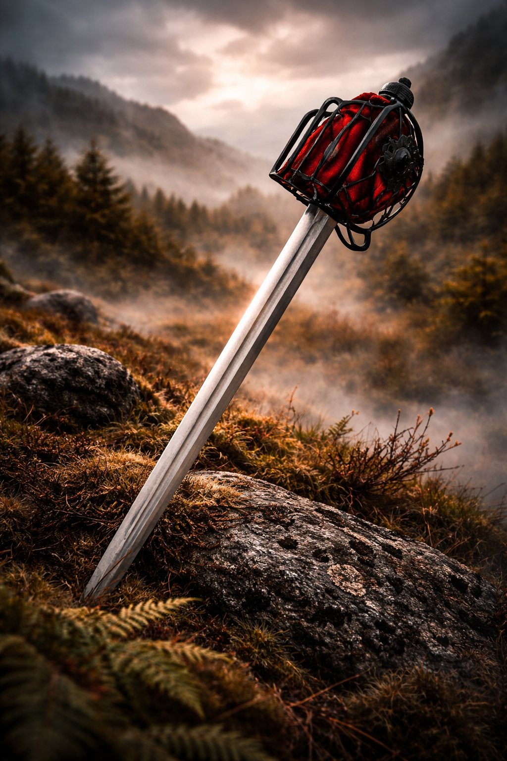 Épée à dos renforcé écossaise à garde panier, acier carbone 1065 noir, mise en situation en extérieur, GN médiéval et LARP