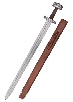 Épée viking de Hedmark – SK-B, acier gris et cuir brun, épée et fourreau fond blanc, reconstitution, GN, combat scénique